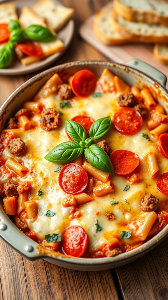 A hearty Pepperoni and Sausage Pizza Pasta Bake with melted cheese and garnished with basil, served with garlic bread.